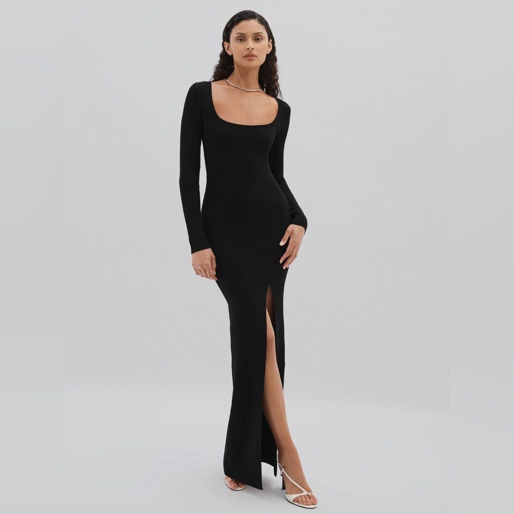 Good American Black Ribbed Bodycon Scoop Neck Knit Maxi Dress